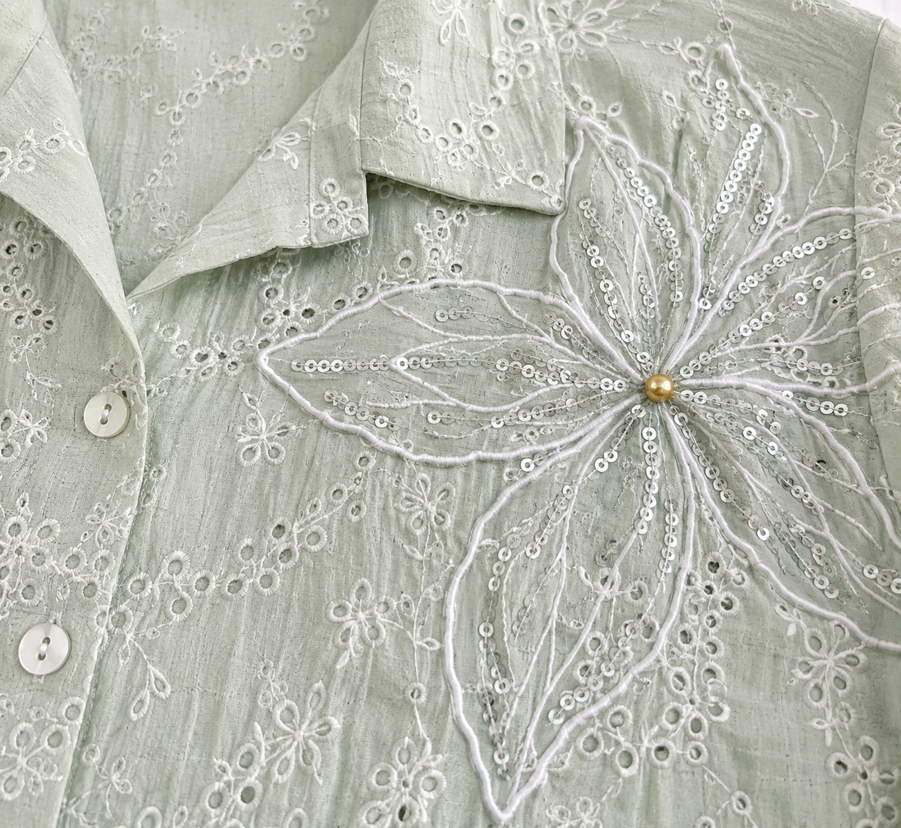 Sage Blossom Embroidered Shirt