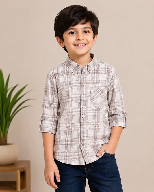 Sandstone Plaid Cotton Shirt for Boys | Smart Casual Full Sleeve Shirt