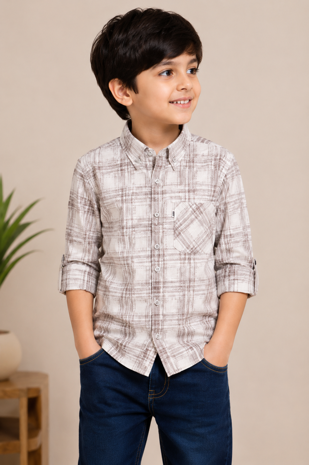 Sandstone Plaid Cotton Shirt for Boys | Smart Casual Full Sleeve Shirt