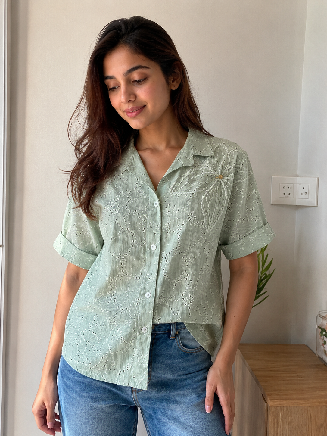 Sage Blossom Embroidered Shirt